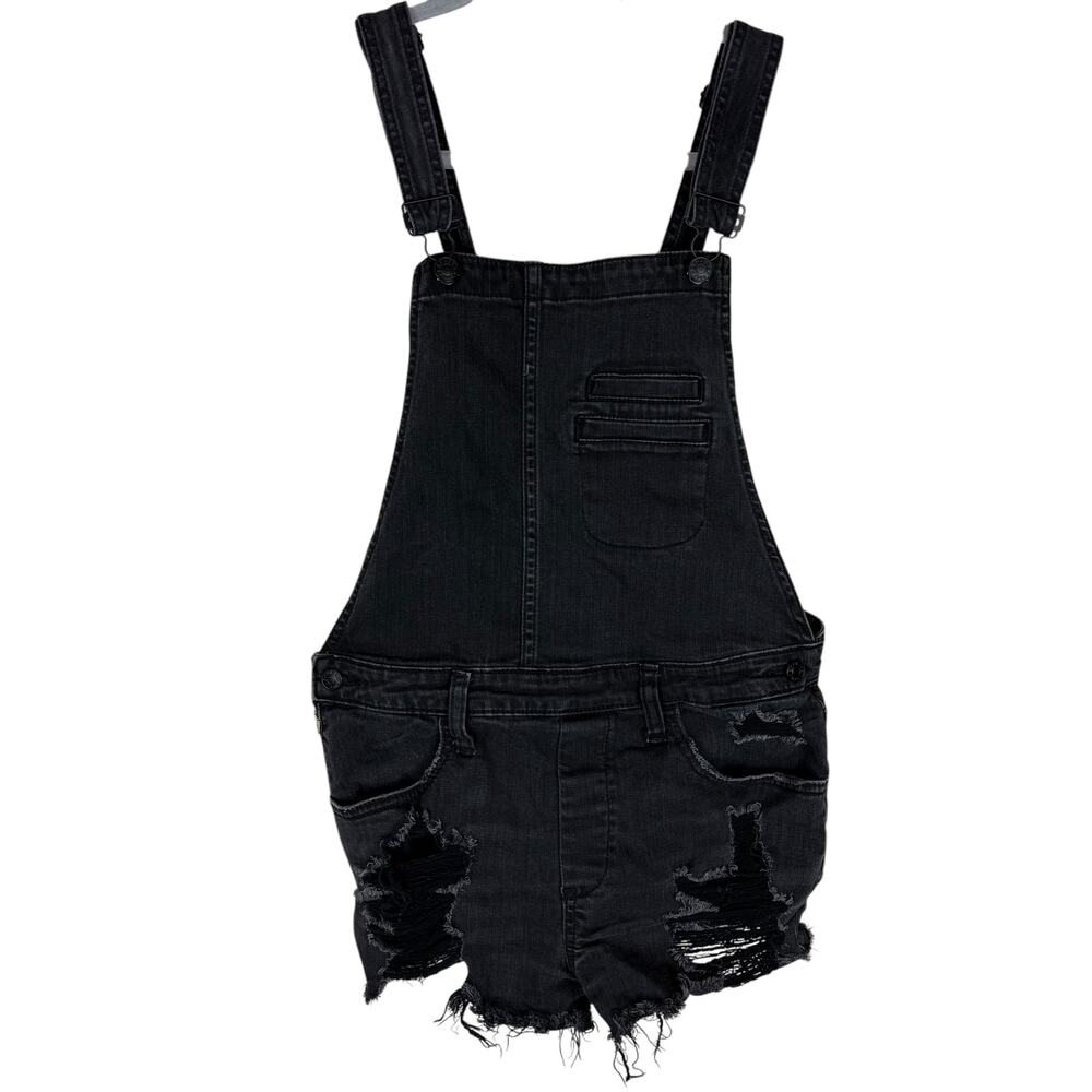 Express Overall Shorts Women's 4 Black Denim Distressed Ripped Frayed Adjustable